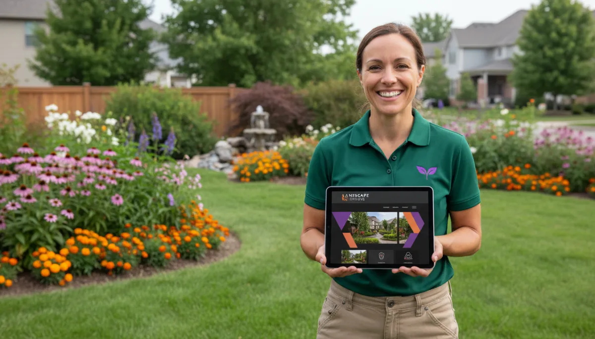Landscaping business owner viewing their modern website on a tablet