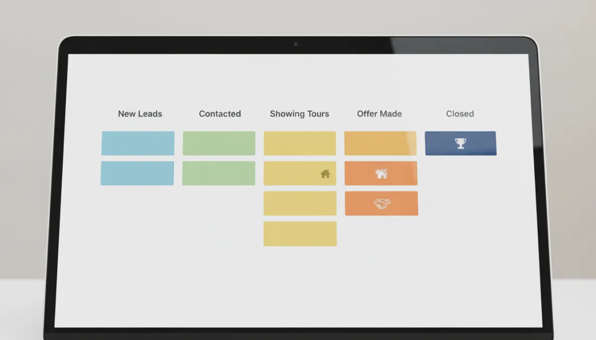Laptop displaying a structured Real Estate CRM pipeline with clear stages