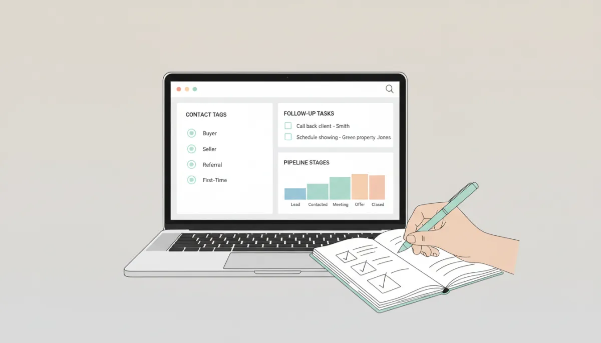 Real estate CRM dashboard showing tasks, pipeline, and contact segmentation