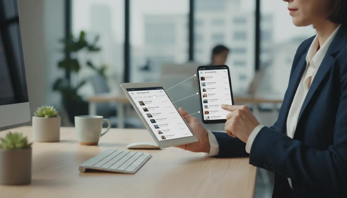 Real estate professional checking organized follow-up tasks on multiple devices