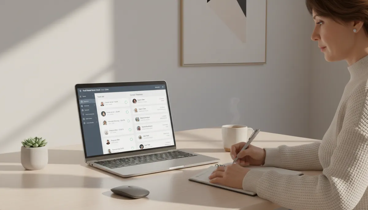 Real estate professional using a CRM to manage follow-up and client pipeline