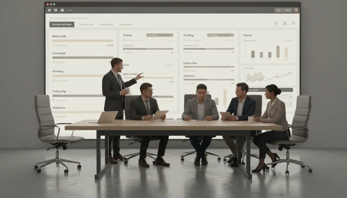 Real estate team reviewing follow up performance metrics on a CRM dashboard