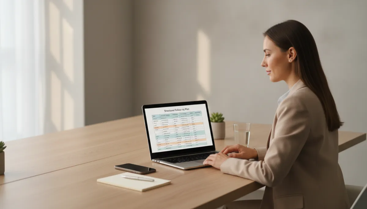 Real estate agent reviewing a structured follow-up plan on a laptop