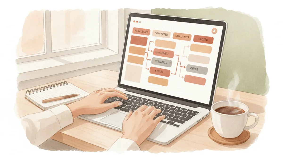 Real estate agent organizing a clear CRM pipeline on a laptop at a tidy desk