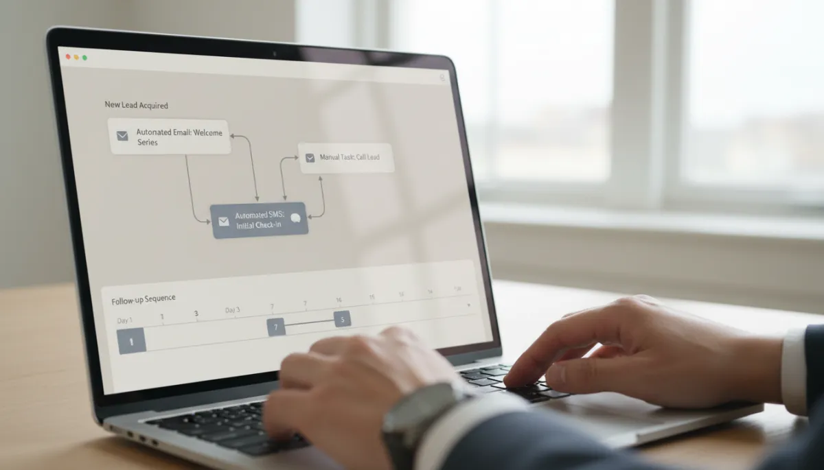 Laptop showing an automated real estate follow-up workflow in a CRM