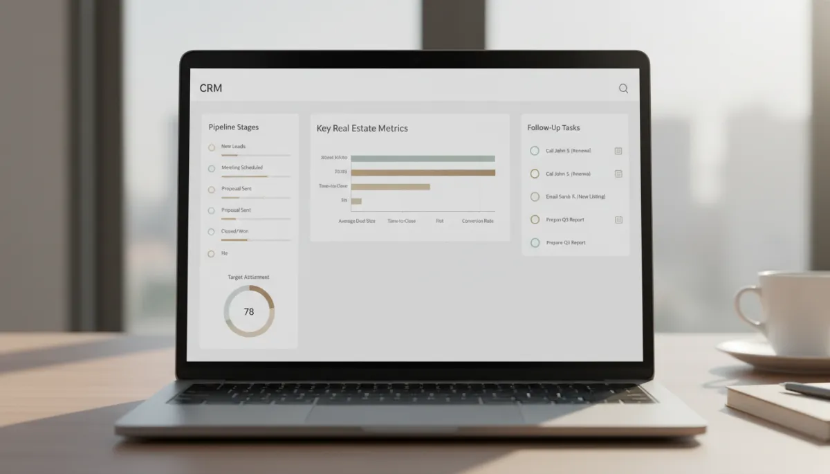 Close-up of a real estate CRM dashboard displaying pipeline and tasks