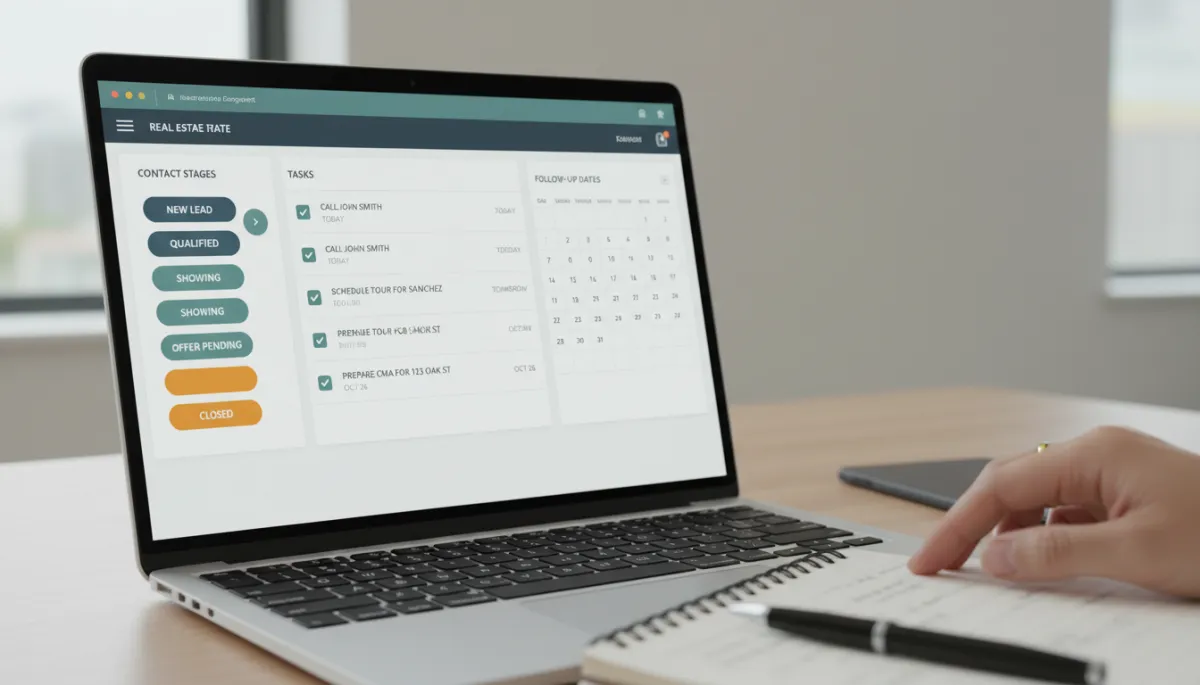 Real estate CRM dashboard organizing contact stages and follow-up tasks