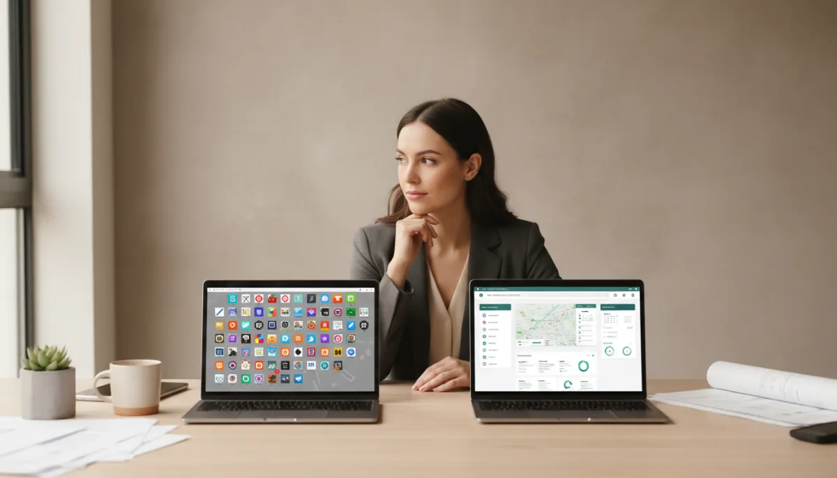 Real estate agent comparing cluttered apps to a focused CRM dashboard in a professional workspace Real estate agent comparing cluttered apps to a focused CRM dashboard in a professional workspace