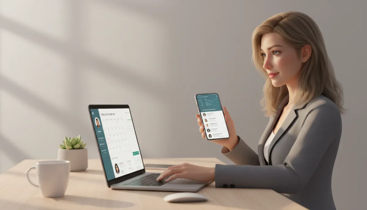 Real estate agent coordinating follow up tasks across laptop and smartphone Real estate agent coordinating follow up tasks across laptop and smartphone