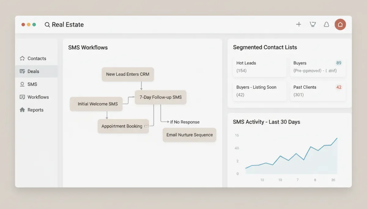 Real estate CRM dashboard showing segmented SMS automation workflows