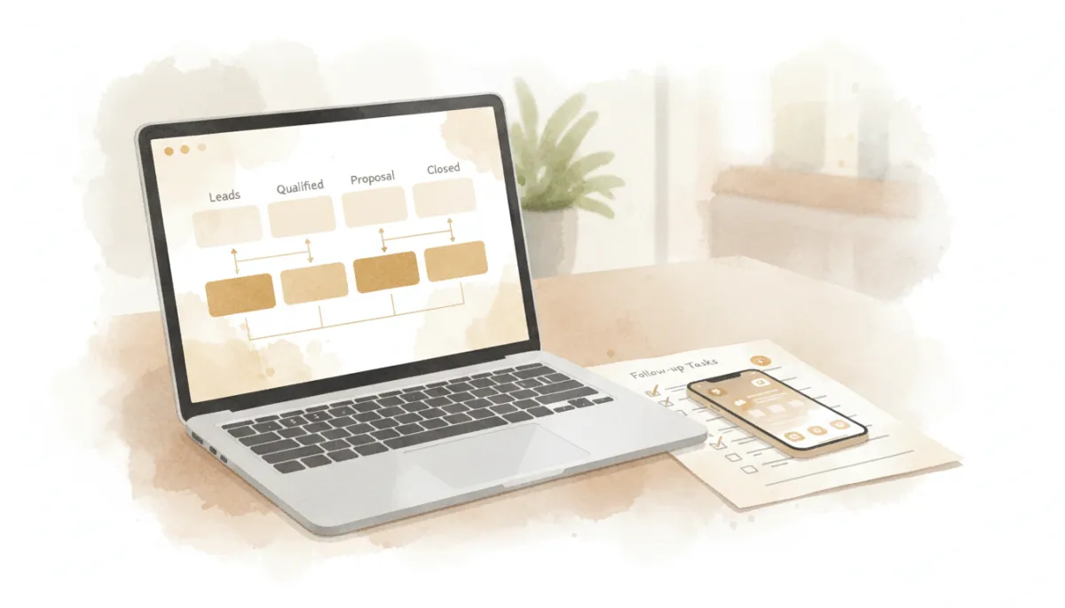 Organized real estate follow-up system with CRM pipeline and checklist