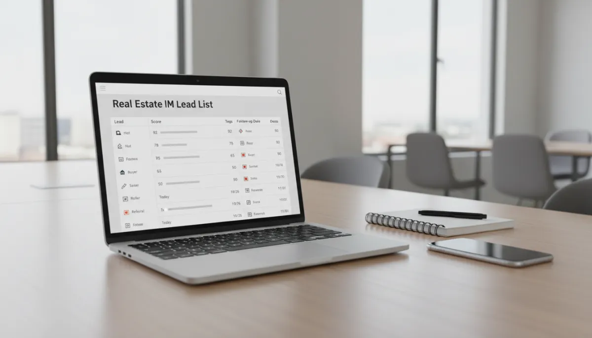 Laptop showing a prioritized real estate CRM lead list with scores and follow-up dates Laptop showing a prioritized real estate CRM lead list with scores and follow-up dates