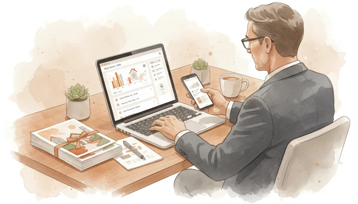 Real estate agent using a CRM to manage follow-up tasks