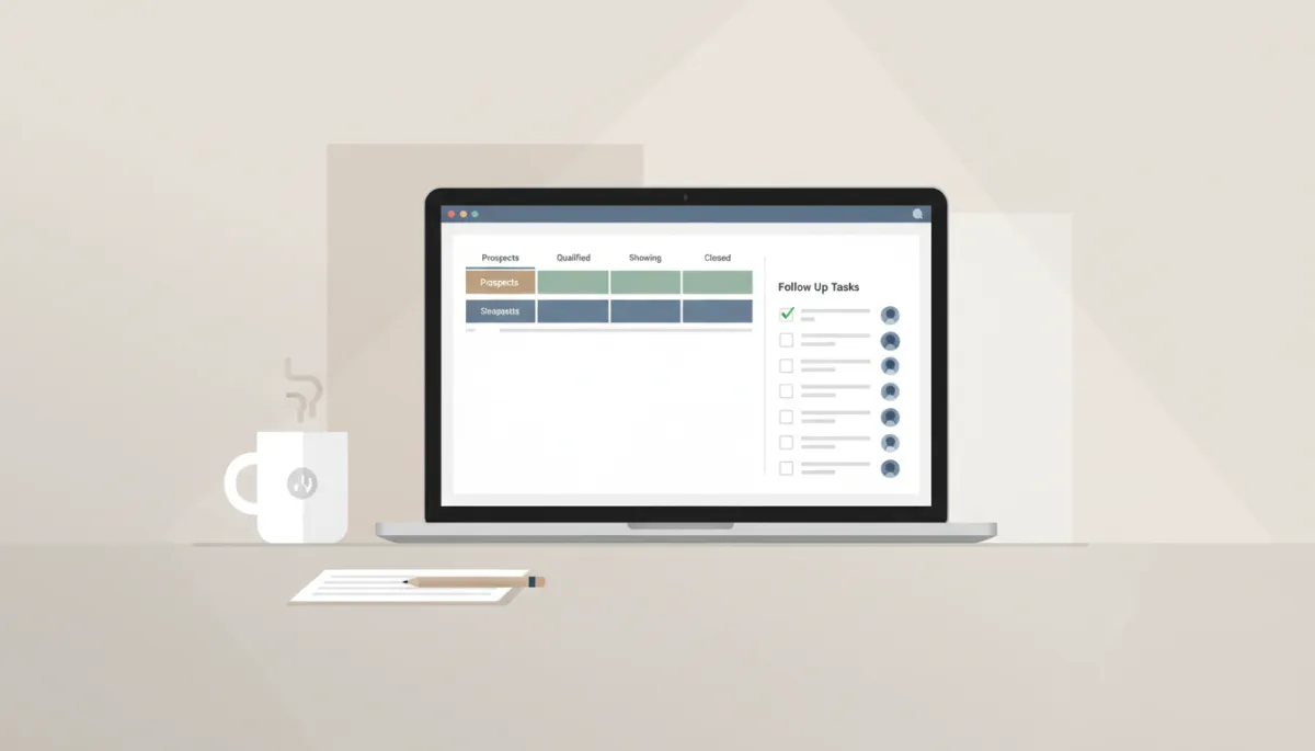 professional neutral-toned workspace with a real estate CRM dashboard open on a laptop, showing pipeline stages and follow up tasks, coffee mug and notepad nearby, professional photography style professional neutral-toned workspace with a real estate CRM dashboard open on a laptop, showing pipeline stages and follow up tasks, coffee mug and notepad nearby, professional photography style