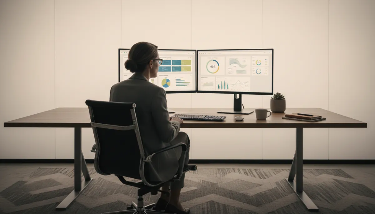 Real estate operations manager reviewing CRM and automation performance reports