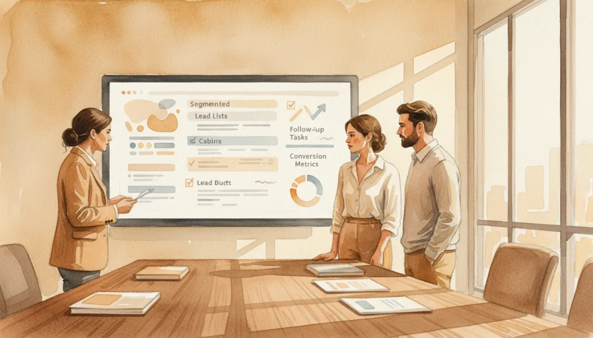 Real estate team analyzing segmented lead lists and conversion metrics on a dashboard Real estate team analyzing segmented lead lists and conversion metrics on a dashboard