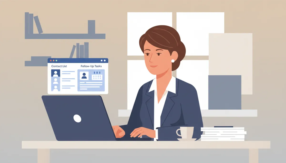 Experienced realtor reviewing an organized real estate CRM dashboard on a laptop