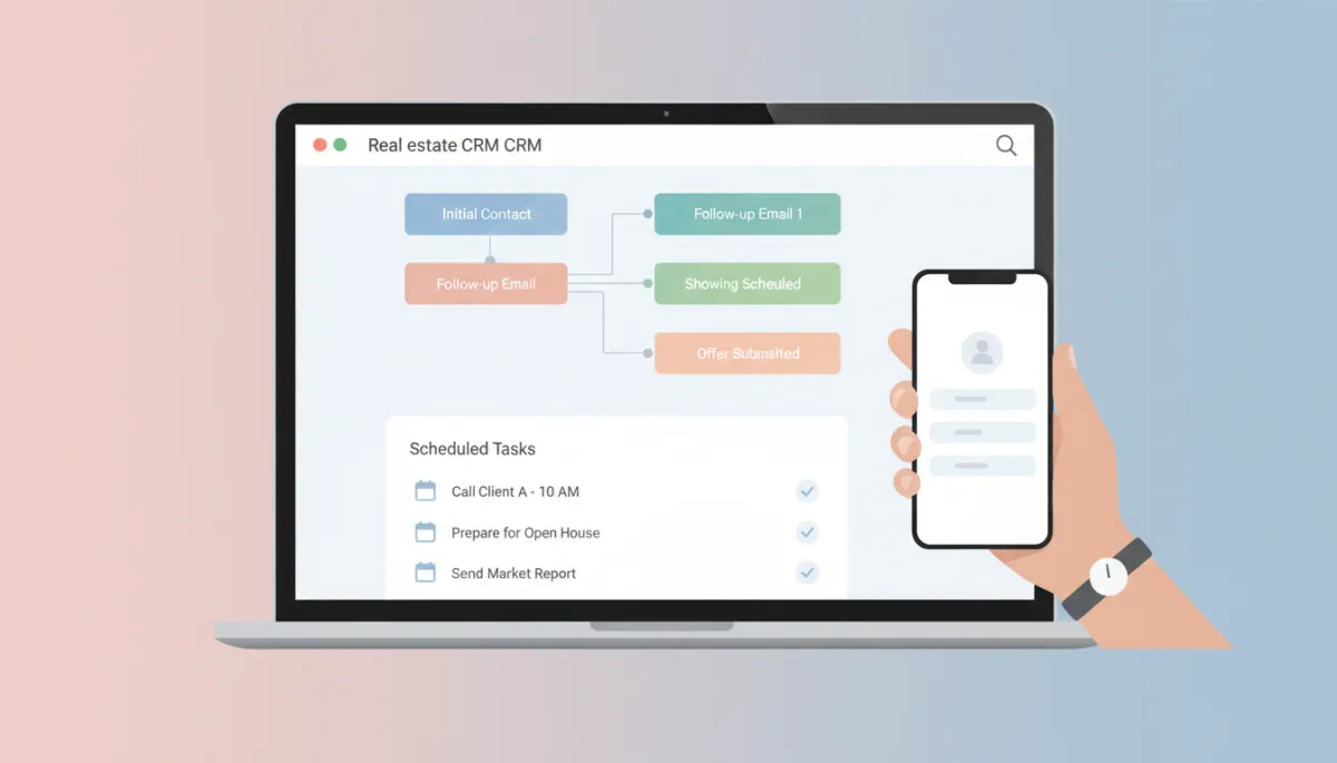Real estate CRM dashboard displaying automated follow up workflows and scheduled tasks Real estate CRM dashboard displaying automated follow up workflows and scheduled tasks