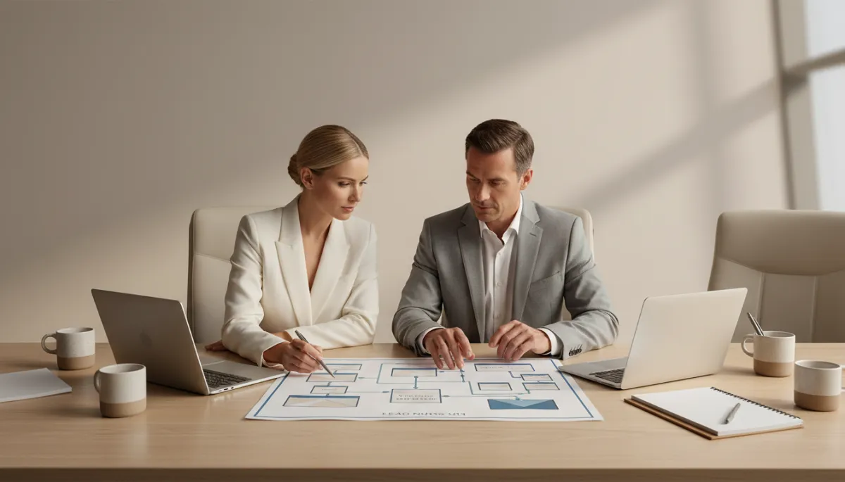 Real estate team reviewing a structured lead nurture workflow Real estate team reviewing a structured lead nurture workflow