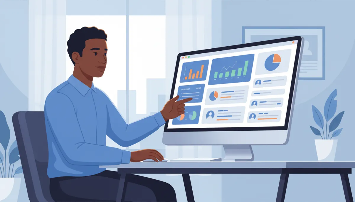 A real, professional photo of a Black male care coordinator managing patient leads on a desktop dashboard in a modern office setting. A real, professional photo of a Black male care coordinator managing patient leads on a desktop dashboard in a modern office setting.
