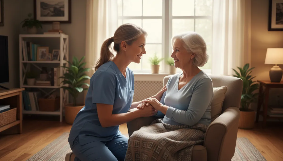 A genuine, high-resolution photo of a professional caregiver assisting a senior adult in a cozy, well-lit home setting, showing authentic interaction and care.