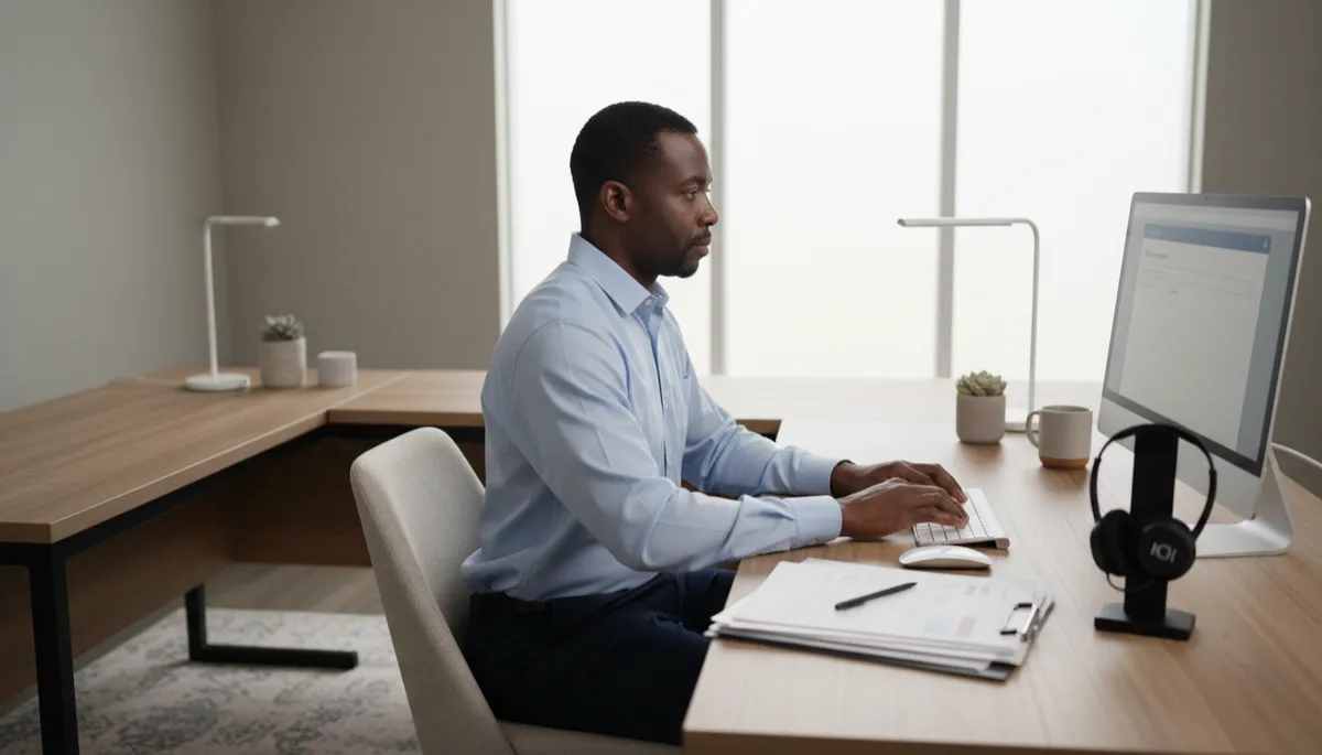 Black home care professional at a desk replying to an online inquiry on a computer Black home care professional at a desk replying to an online inquiry on a computer