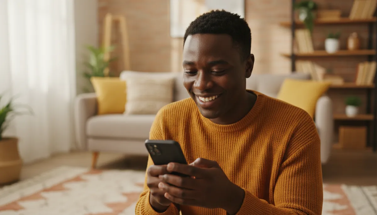 Black person smiling while reading something positive on a smartphone