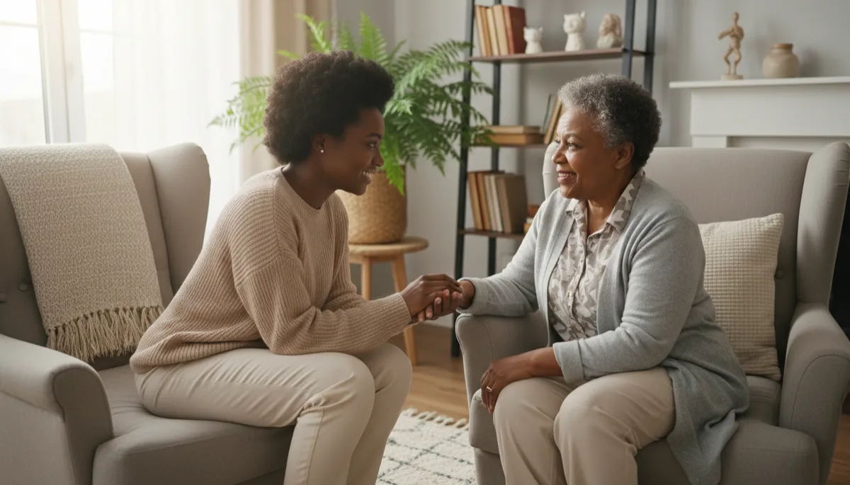photographic scene of a Black caregiver gently holding the hand of a seated Black senior in a cozy living room, both smiling warmly during conversation, soft neutral colors and natural window light, feeling calm and attentive photographic scene of a Black caregiver gently holding the hand of a seated Black senior in a cozy living room, both smiling warmly during conversation, soft neutral colors and natural window light, feeling calm and attentive