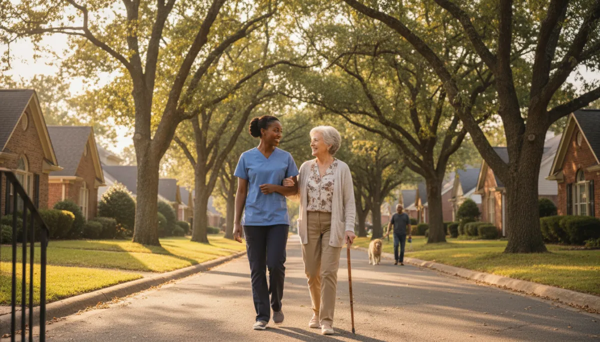 photographic scene of a Black home care professional walking with an older client along a tree-lined residential street, both smiling, warm late-afternoon light in a friendly neighborhood setting photographic scene of a Black home care professional walking with an older client along a tree-lined residential street, both smiling, warm late-afternoon light in a friendly neighborhood setting