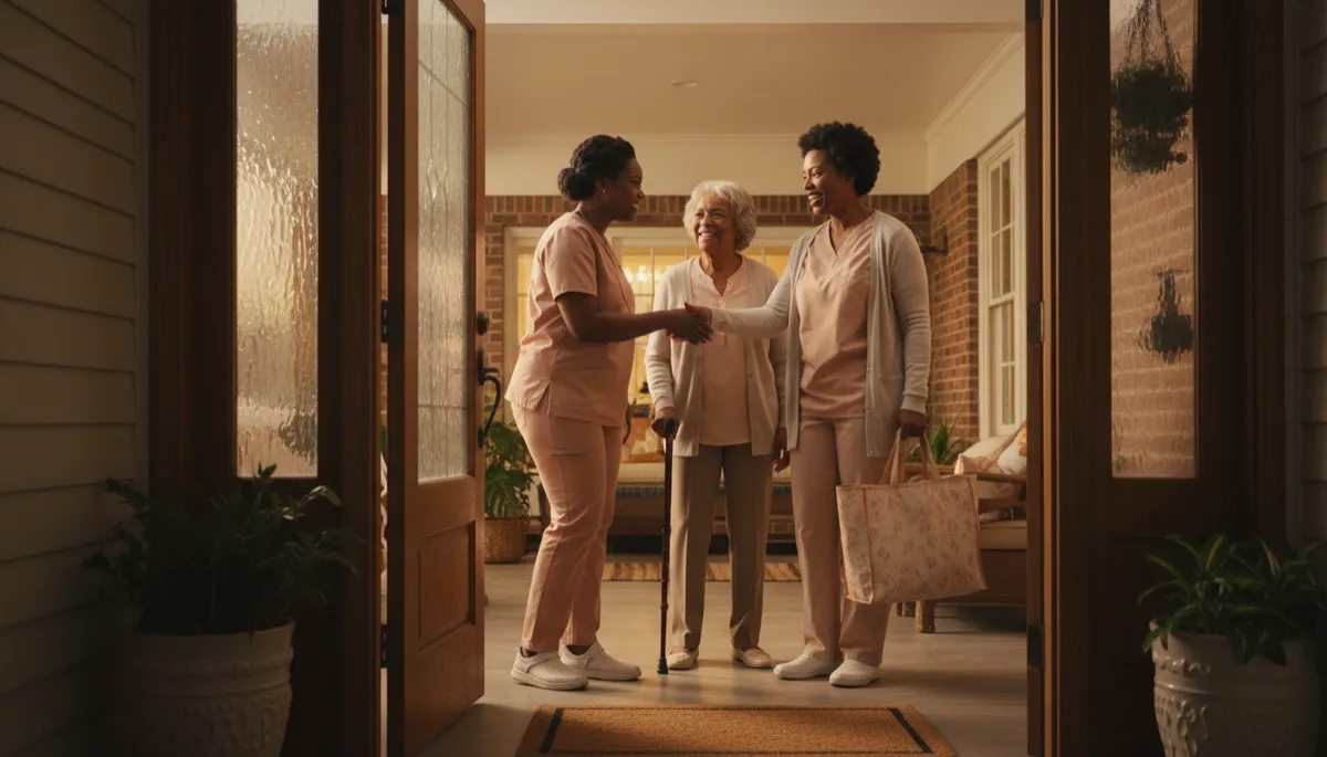 photographic scene of a Black caregiver arriving at a family home, warmly welcomed at the doorway by a smiling Black adult child and an elderly Black parent nearby, soft evening light, warm neutral tones, everyone relaxed and at ease photographic scene of a Black caregiver arriving at a family home, warmly welcomed at the doorway by a smiling Black adult child and an elderly Black parent nearby, soft evening light, warm neutral tones, everyone relaxed and at ease