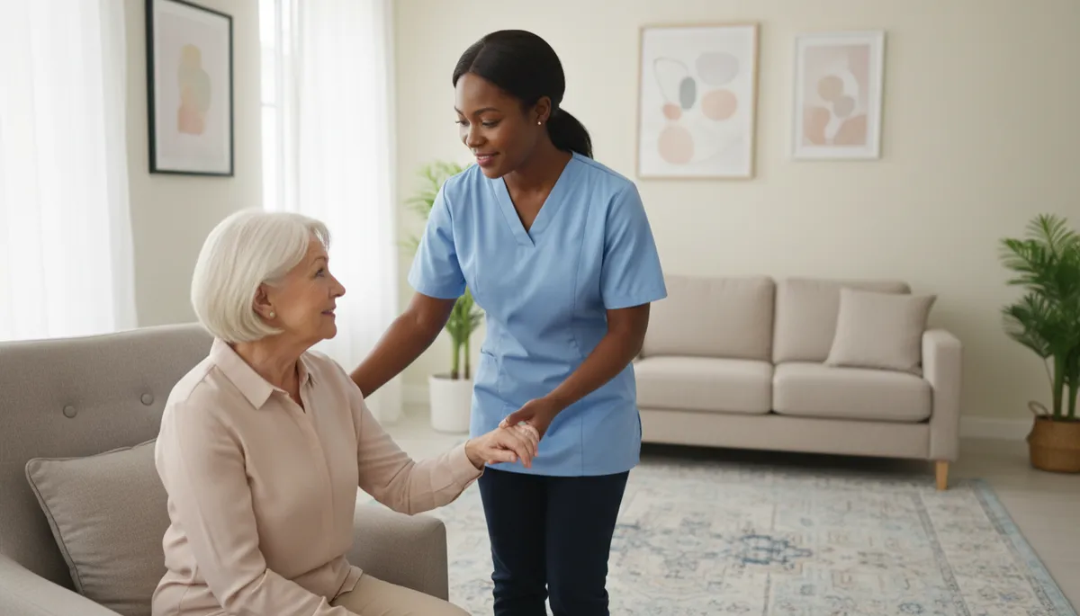 Black home care professional confidently supporting an older adult in a bright living room Black home care professional confidently supporting an older adult in a bright living room