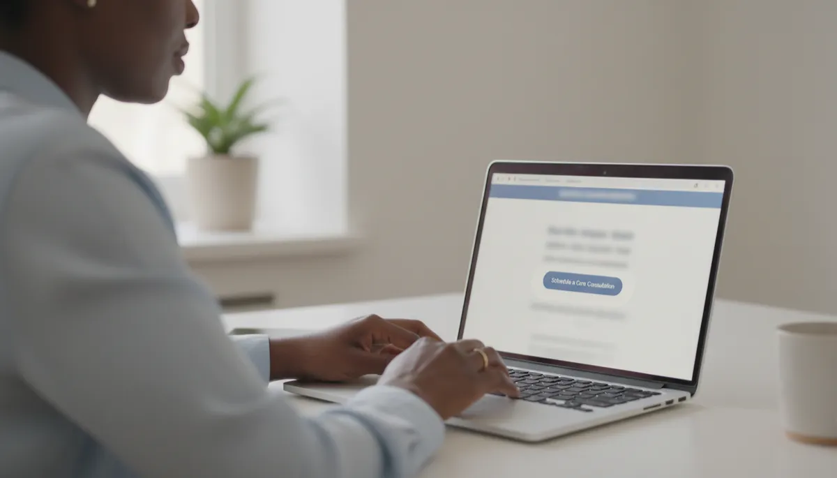 photographic, neutral colors, close up of a Black adult sitting at a kitchen table in soft natural light, browsing a professional home care agency website on a laptop, calm expression, clean modern interface visible on screen, subtle focus on a clear “Schedule a Care Consultation” button photographic, neutral colors, close up of a Black adult sitting at a kitchen table in soft natural light, browsing a professional home care agency website on a laptop, calm expression, clean modern interface visible on screen, subtle focus on a clear “Schedule a Care Consultation” button