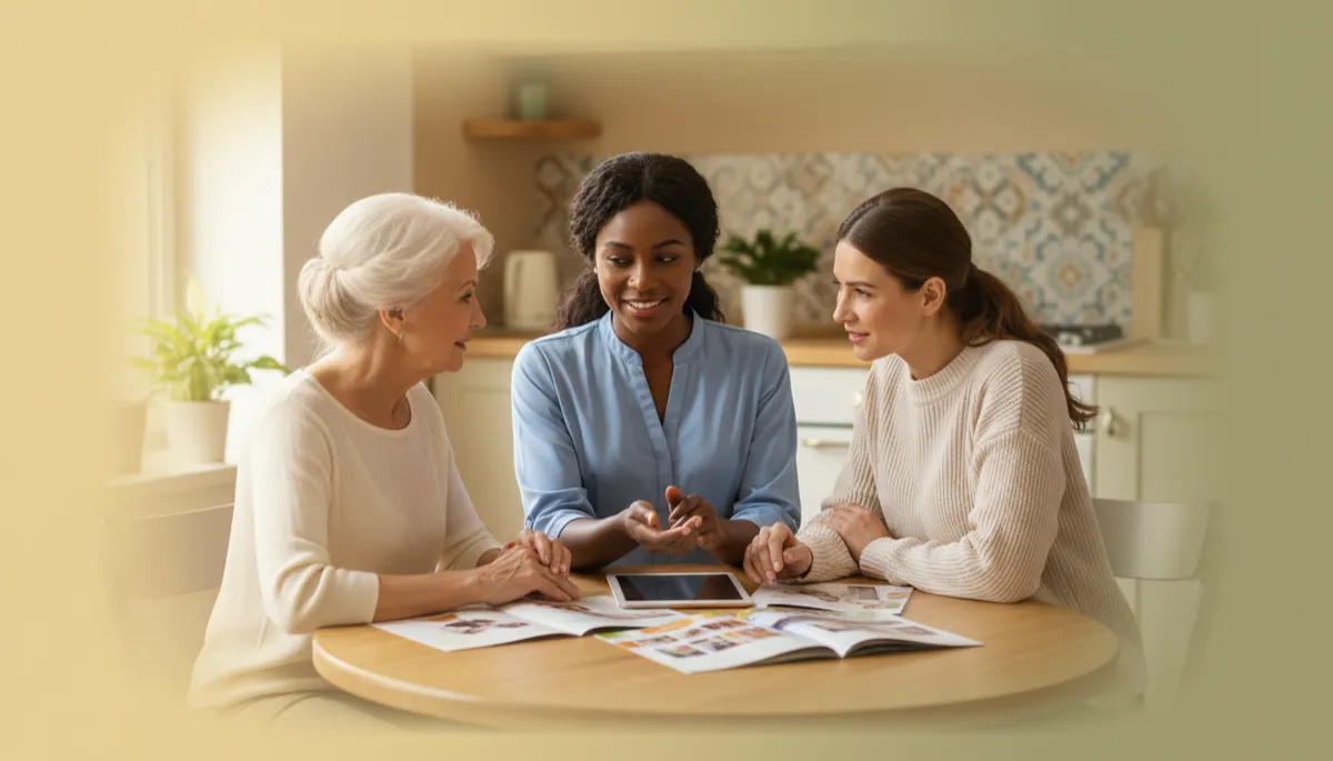 Black caregiver welcoming a new client family into a care conversation Black caregiver welcoming a new client family into a care conversation