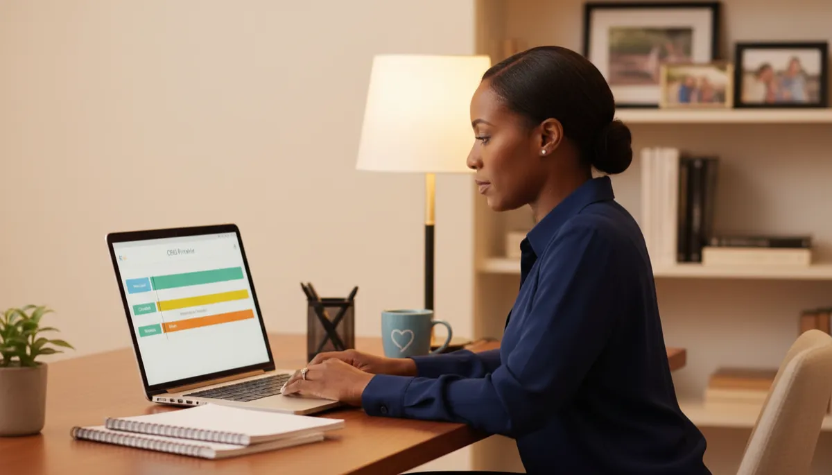 Black home care professional reviewing a CRM lead pipeline on a laptop Black home care professional reviewing a CRM lead pipeline on a laptop