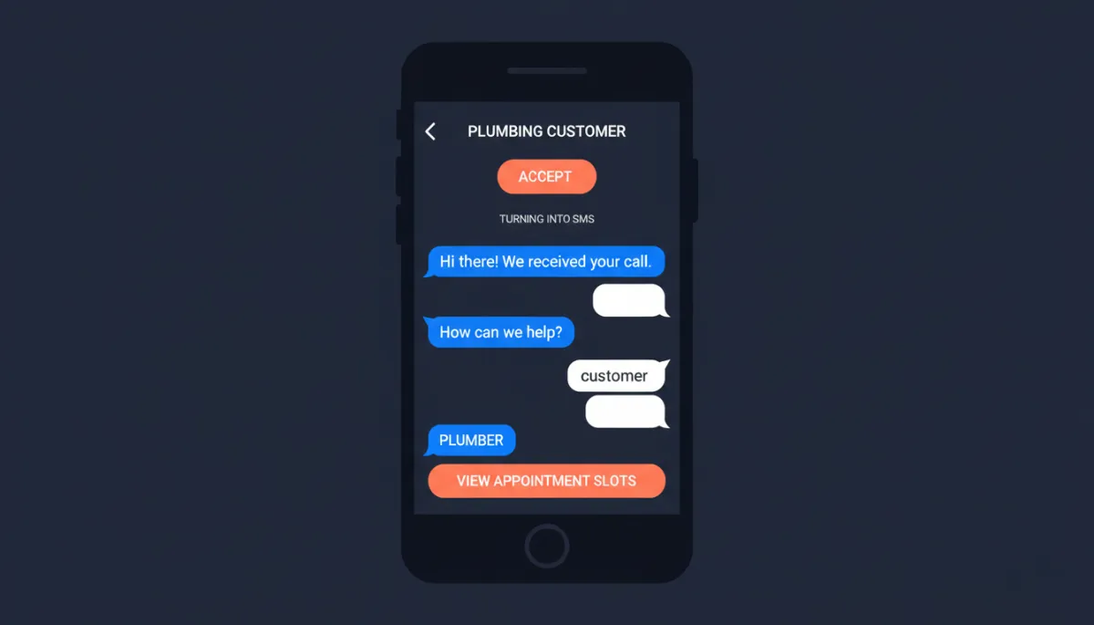 Phone mockup showing an automatic text reply being sent after a missed call
