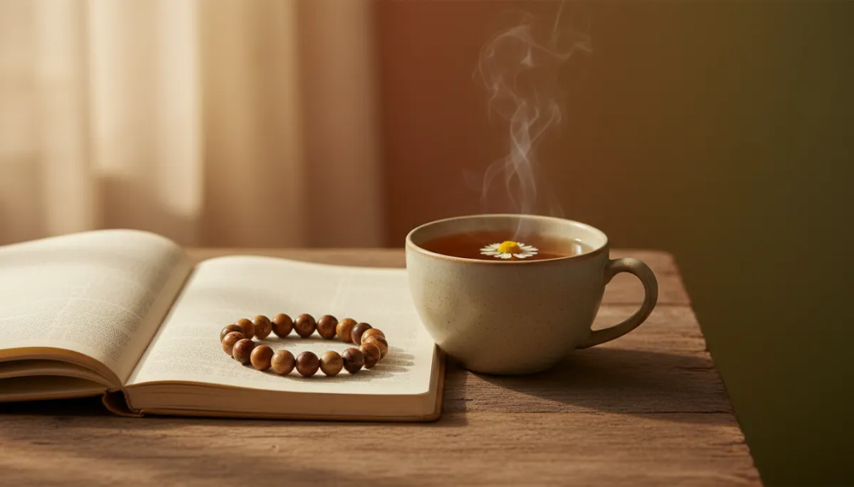 Bracelet brun en pierres naturelles posé sur un carnet et une tasse de thé, dans une ambiance chaleureuse Bracelet brun en pierres naturelles posé sur un carnet et une tasse de thé, dans une ambiance chaleureuse