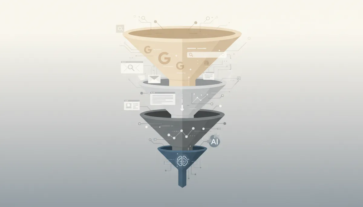 Diagram of broad search traffic narrowing into a small AI recommendation funnel