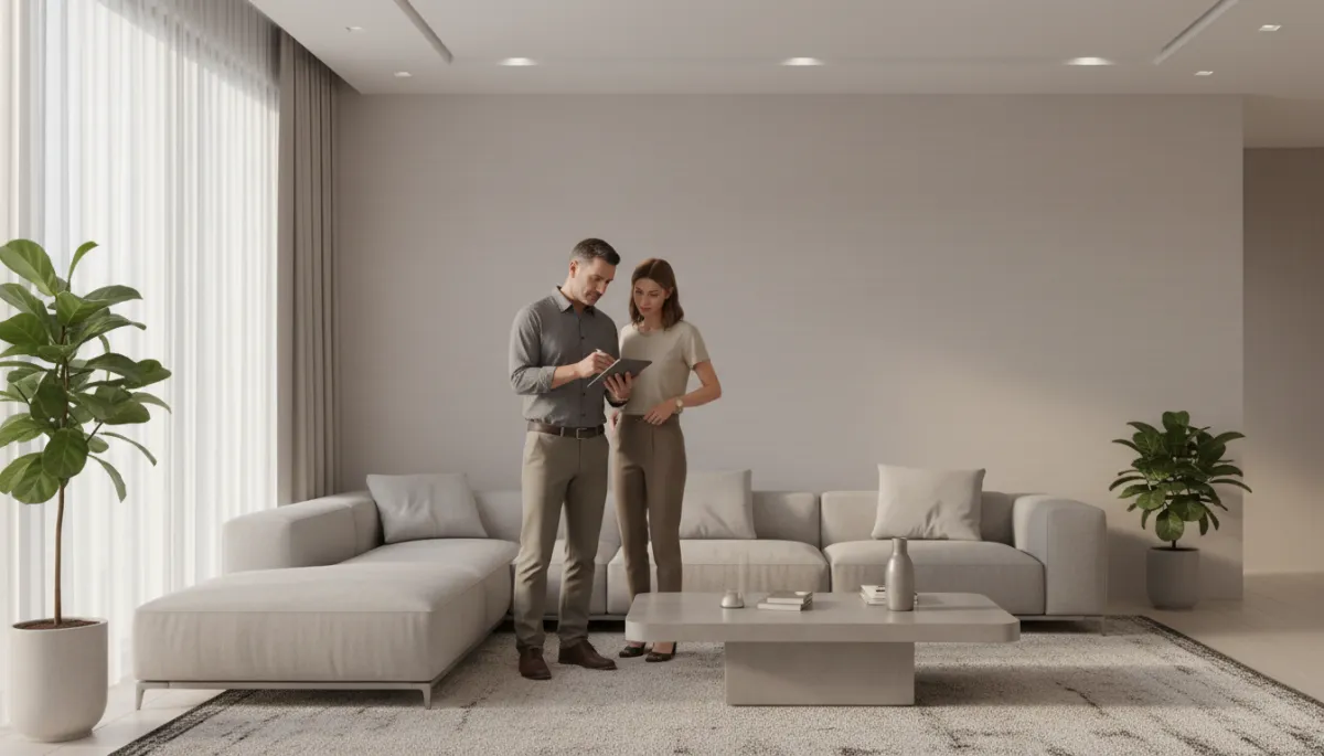 Home inspector advising buyers in a modern living room Home inspector advising buyers in a modern living room