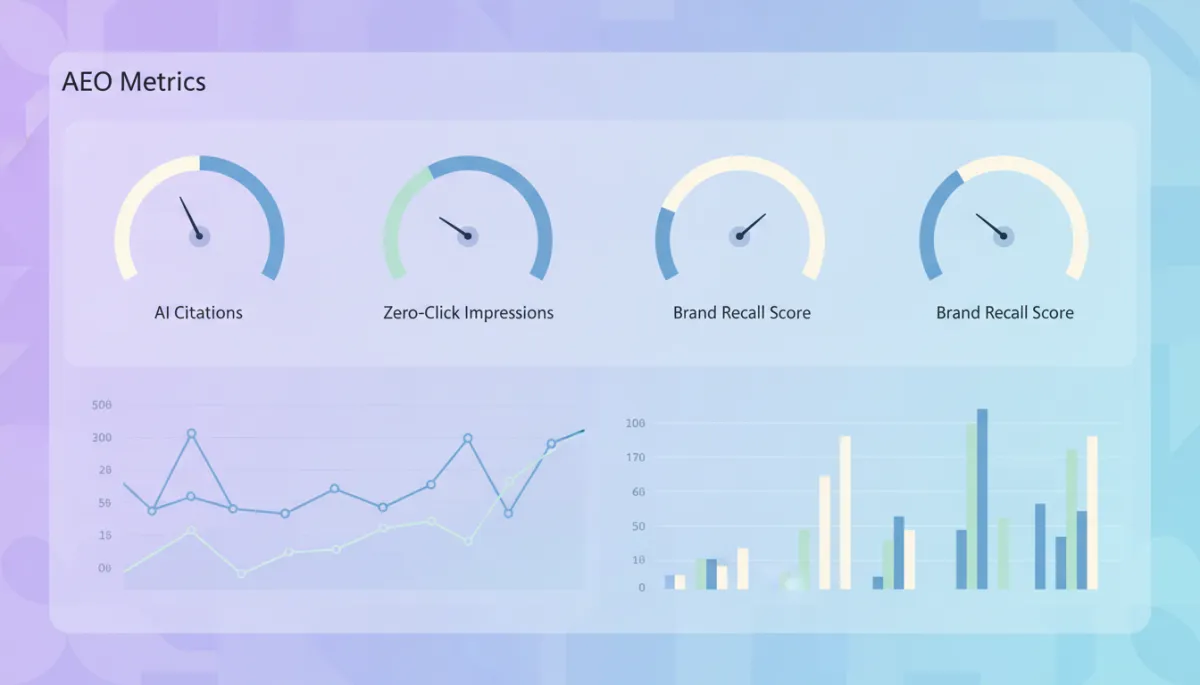 Professional analytics dashboard visualizing AEO performance metrics like AI citations and zero-click visibility Professional analytics dashboard visualizing AEO performance metrics like AI citations and zero-click visibility