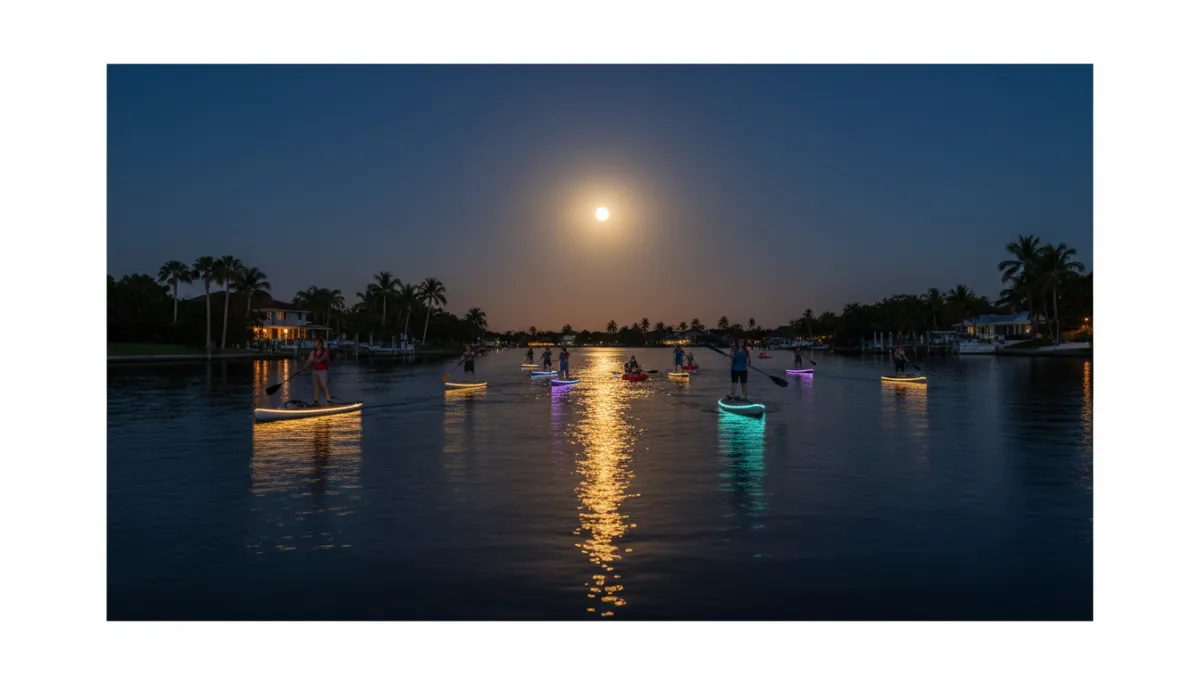 Group paddleboarders under a full moon on a dark glassy Intracoastal waterway