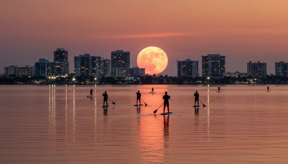 Add 2 photorealistic images to this existing blog post about summer moonlight paddling in Fort Lauderdale. Image 1: the Strawberry Moon rising huge and amber-pink just above the horizon over Fort Lauderdale's Intracoastal at dusk — paddleboarders silhouetted in the warm golden glow, city lights reflecting off glassy water. Image 2: a solo paddleboarder on crystal-clear turquoise Fort Lauderdale canal waterway on a bright sunny summer afternoon, lush waterfront homes visible on both banks. Keep all existing text content exactly as-is — only add the images, positioned naturally within the post (image 1 near the top/hero area, image 2 in the middle or lower section). Warm amber and coral tones for image 1, bright tropical blue-green palette for image 2.. Context: This is for a blog post about "Summer Moonlight Paddles: Your Guide to Fort Lauderdale's Next Adventure on the Water". Style: Professional quality, photorealistic, high resolution