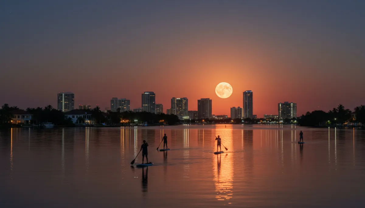 Add 2 photorealistic images to this existing blog post about summer moonlight paddling in Fort Lauderdale. Image 1: the Strawberry Moon rising huge and amber-pink just above the horizon over Fort Lauderdale's Intracoastal at dusk — paddleboarders silhouetted in the warm golden glow, city lights reflecting off glassy water. Image 2: a solo paddleboarder on crystal-clear turquoise Fort Lauderdale canal waterway on a bright sunny summer afternoon, lush waterfront homes visible on both banks. Keep all existing text content exactly as-is — only add the images, positioned naturally within the post (image 1 near the top/hero area, image 2 in the middle or lower section). Warm amber and coral tones for image 1, bright tropical blue-green palette for image 2.. Context: This is for a blog post about "Summer Moonlight Paddles: Your Guide to Fort Lauderdale's Next Adventure on the Water". Style: Professional quality, photorealistic, high resolution