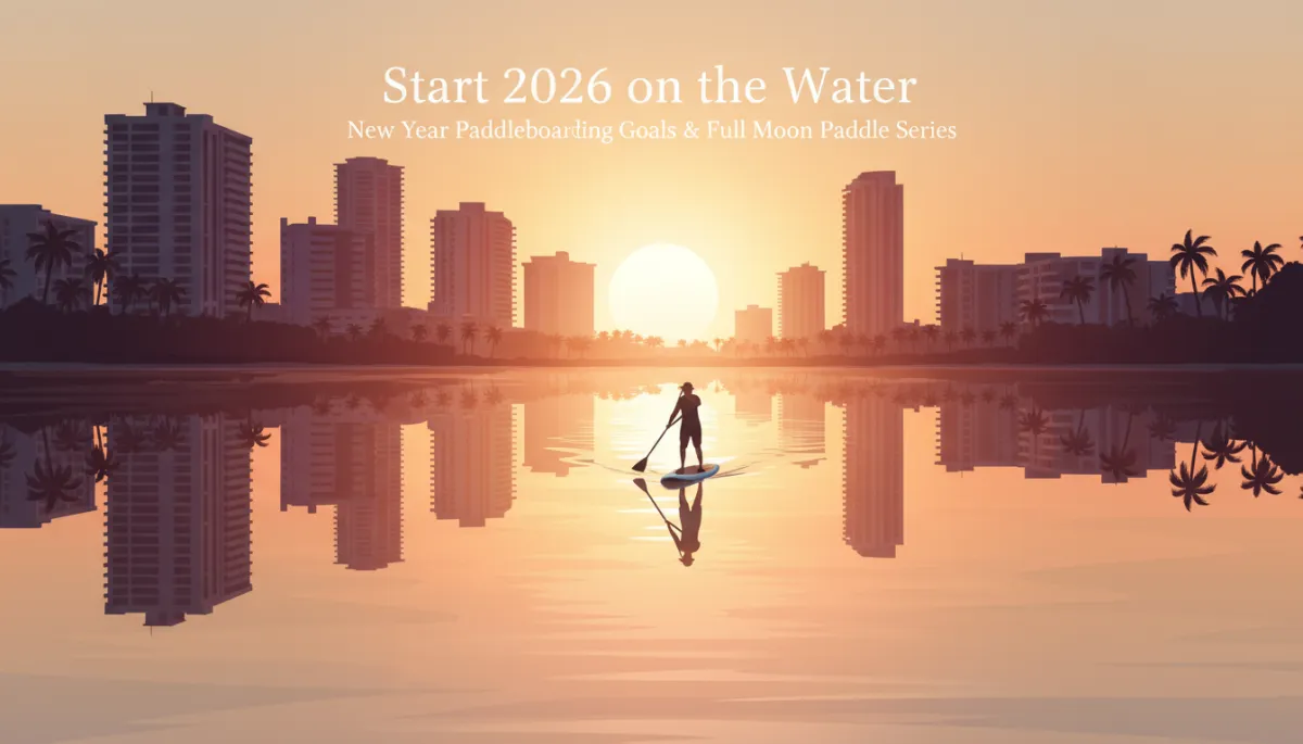 photorealistic sunrise scene on Fort Lauderdale's Intracoastal Waterway on New Year's morning, single paddleboarder gliding across calm glassy water, warm tropical sunrise colors of pink, coral, and gold reflecting in the water, Fort Lauderdale skyline and palm trees mirrored on the surface, subtle text overlay near top reading 'Start 2026 on the Water' and smaller subtitle 'New Year Paddleboarding Goals & Full Moon Paddle Series'