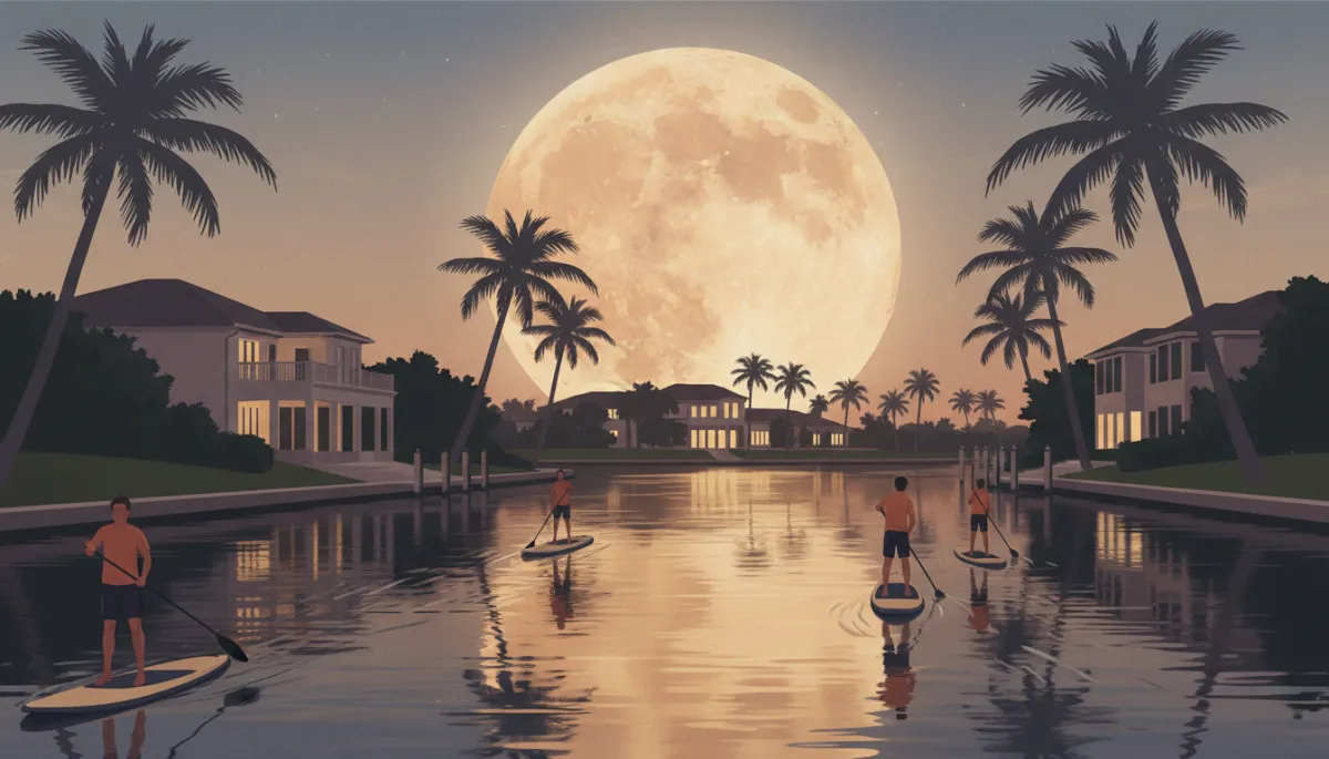 professional twilight photo of paddleboarders gliding through calm Fort Lauderdale canal, soft amber Strawberry Moon rising above palm-lined waterfront homes, subtle reflections on flat water, warm neutral tones