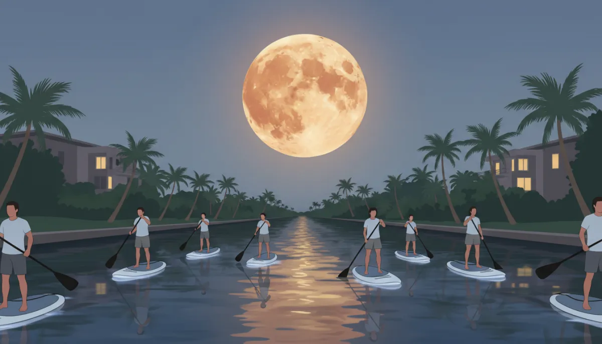 professional evening photo of small guided paddleboard group on calm Fort Lauderdale canal, subtle board lights glowing, Strawberry Moon high above, neutral color palette