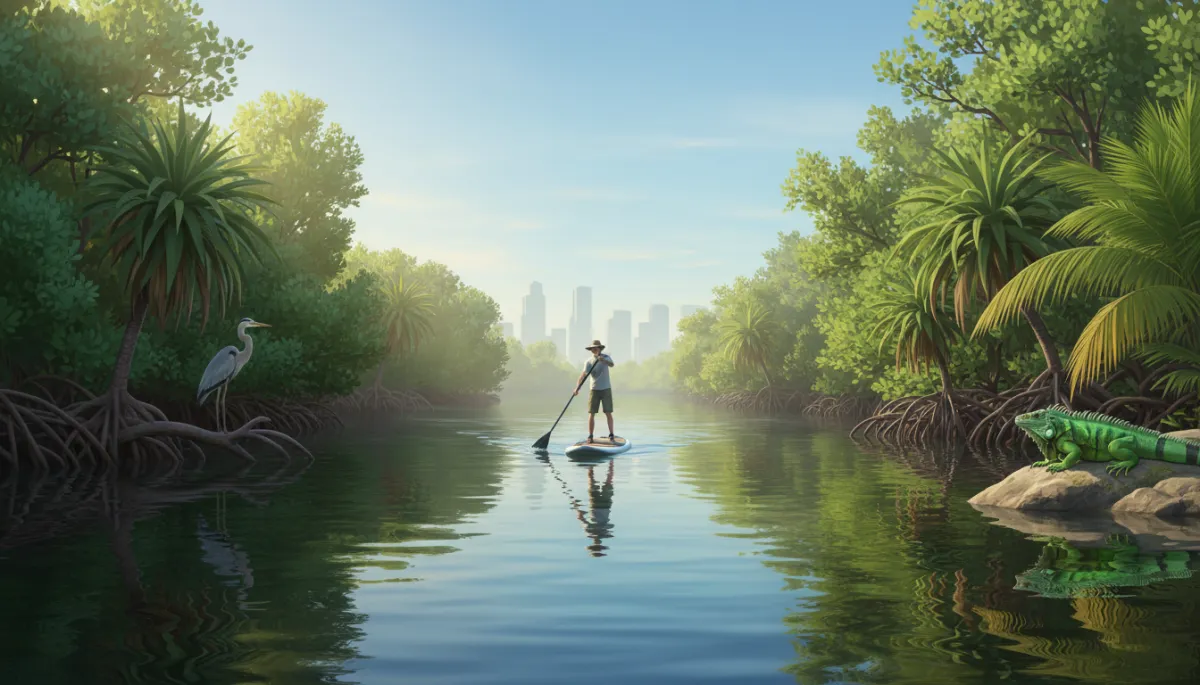 Photorealistic scene of a paddleboarder gliding through a narrow, lush mangrove-lined canal in Wilton Manors on a bright Florida morning, tropical greens reflecting on calm water, a heron and iguana visible along the banks, subtle Fort Lauderdale skyline in the far distance