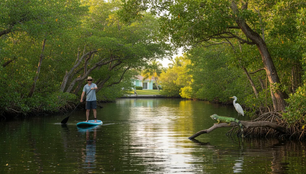 Photorealistic close view of a paddleboarder gliding through a narrow, lush mangrove-lined canal in Wilton Manors on a bright Florida morning, calm reflective water, a heron on one bank and an iguana sunning on a branch, subtle houses peeking through the foliage