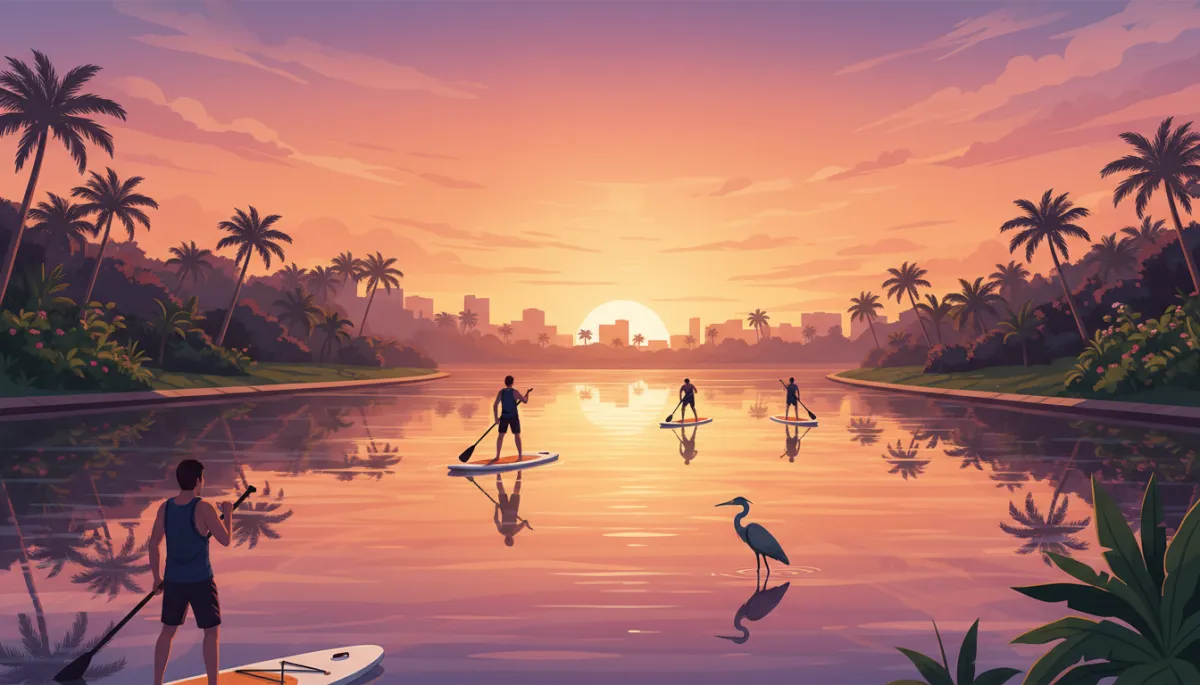 Photorealistic small group of paddleboarders at golden hour on a wide, calm canal in Wilton Manors, rich tropical greens along the shore, warm orange and pink sky reflecting on the water, a heron standing in the shallows nearby, soft city silhouettes in the background