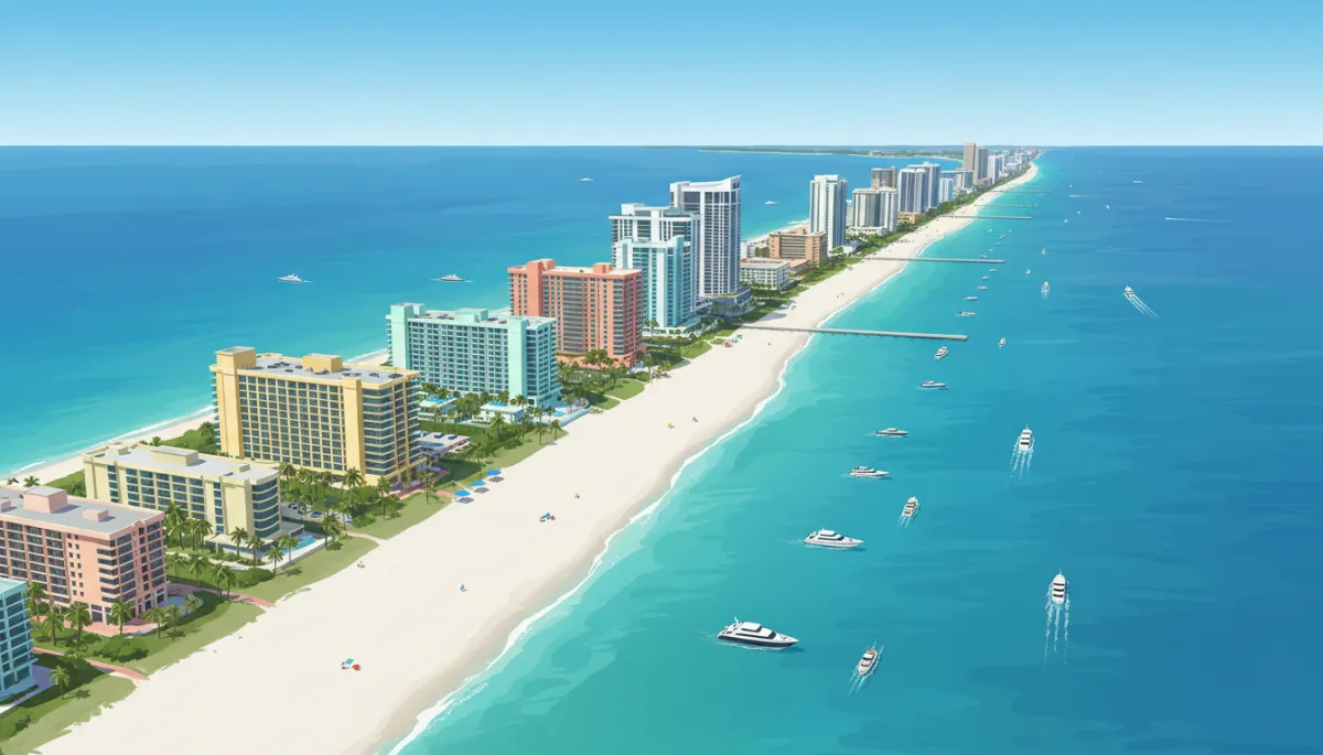 Aerial drone view of Fort Lauderdale coastline on a clear sunny day, white sand beach, turquoise Atlantic Ocean, boats moving along the Intracoastal Waterway, high-rise hotels and palm-lined streets in bright tropical colors