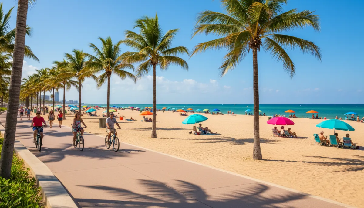 Photorealistic beach scene along Las Olas in Fort Lauderdale with palm trees, bright blue sky, people relaxing under umbrellas, cyclists and walkers along the oceanfront promenade in vibrant tropical tones